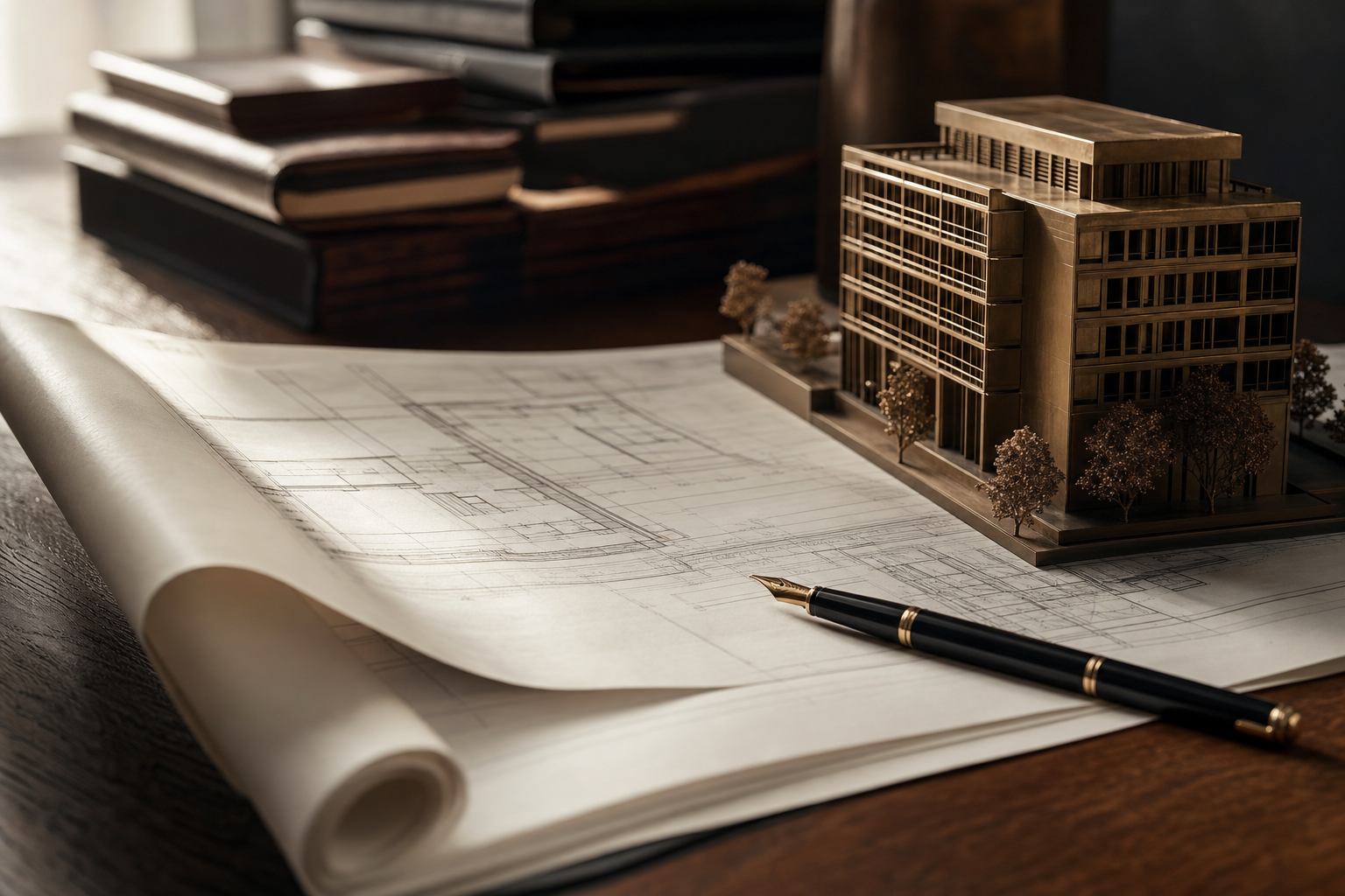 Architectural drawings, fountain pen and a brass building model on a walnut desk