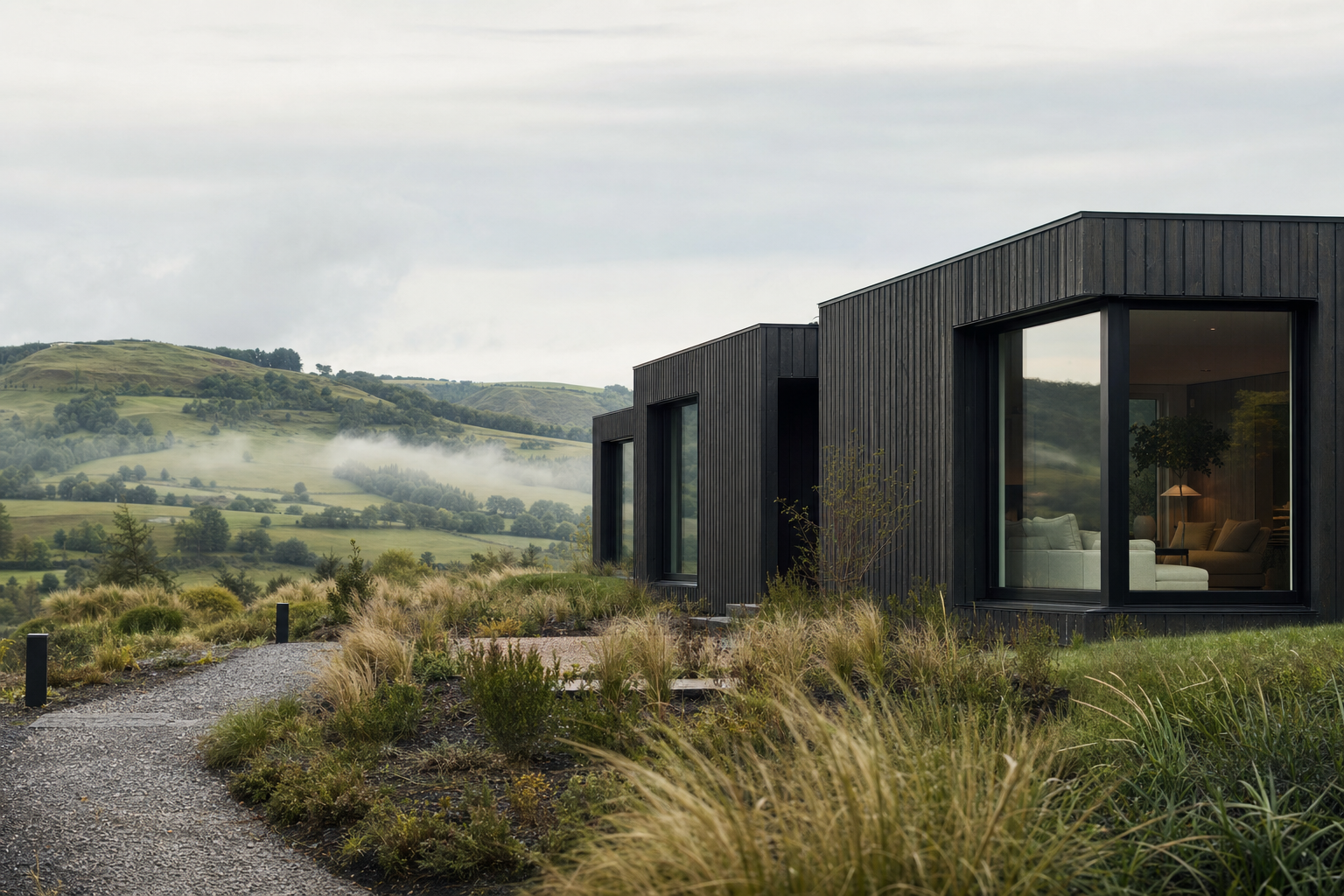Modern modular home with dark timber cladding overlooking British countryside
